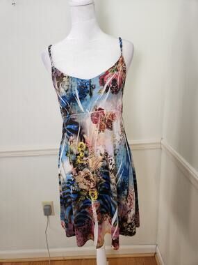 Y2K Ocean Blue Dress Size Medium Womens Babydoll Mini Bling Fairy Grunge Floral